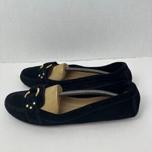 J.Crew Sz 10 Suede Driving Loafers Black w Gold Chain Detail Classic Old Money